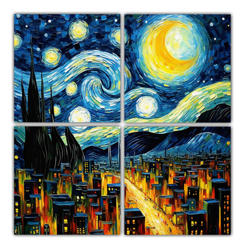 140x140cm Cuadro Paisaje Urbano Futurista Estilo Van Gogh