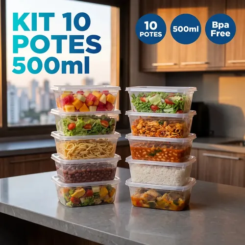 Kit 10 Potes 500ml Transparente Plastico Com Tampa De Encaixe Para Alimentos Marmita Fitness Reutilizavel Apto Micro Ondas E Lava Loucas Cozinha