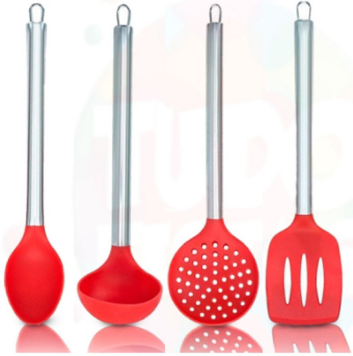 Kit 4 Utensílios Silicone Colher Concha Escumadeira Espátula