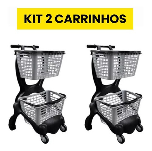 Kit 2 Carrinhos Plástico Ecoflex P/ Compras Duplo Cesto 25 L