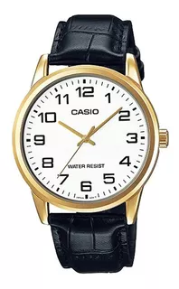 Reloj pulsera Casio Enticer MTP-V001 de cuerpo color dorado, analógico, para hombre, fondo blanco, con correa de cuero color negro, agujas color dorado, dial negro, minutero/segundero negro, bisel col