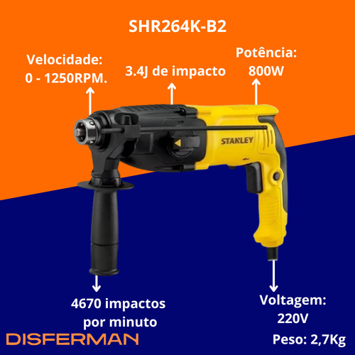 Martelete Shr264k Mandril Comum Sds Plus 800w 220v Stanley