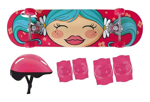 Skate Infantil Feminino Estampa Menina + Kit Proteção Mor 