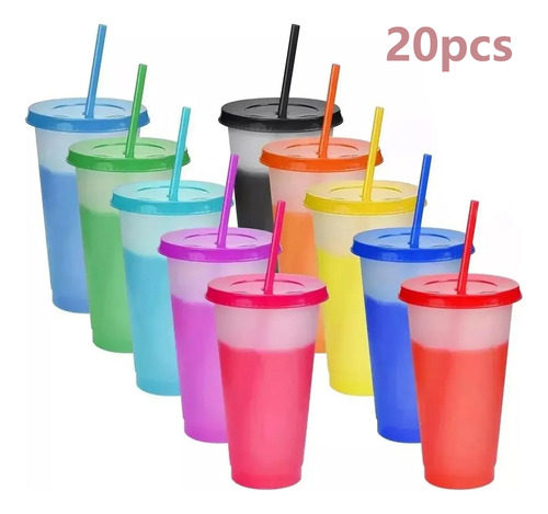 Vasos Magicos Cambian De Color Con Tapa Y Popote 710ml 20pzs
