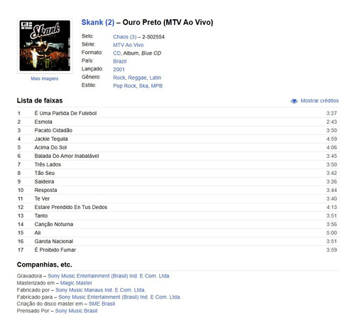 Cd Skank - Ouro Preto (mtv Ao Vivo) Chaos, 2001 Estandar
