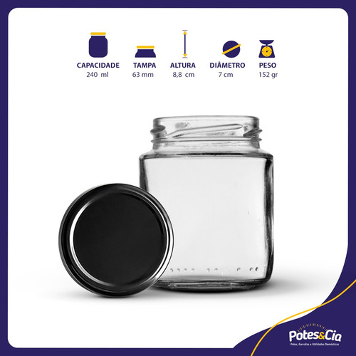 24 Potes Belém 240ml Com Tampa Metálica Ou Plástica Cor Preto