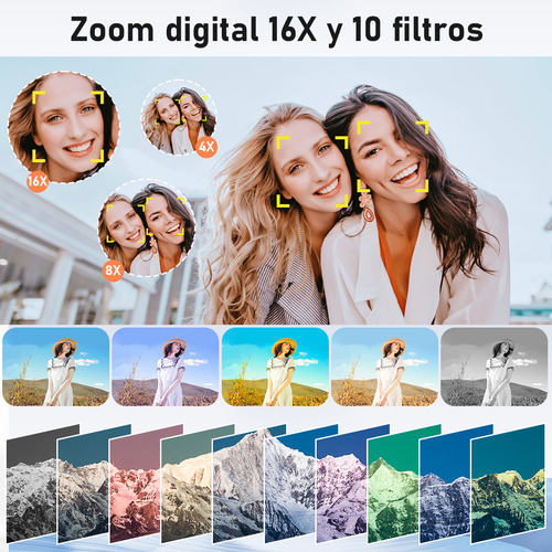 Cámara Digital 4k Cámara Vlog Videocámara Webcam Filtros Principiantes 16x Zoom Con Tarjeta Micro Sd de 32GB, 2 Pilas