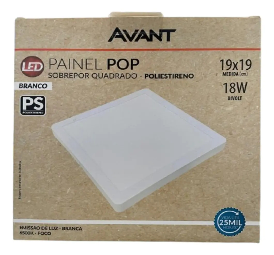 Painel led Plafon Pop Sobrepor 18w 6500k Branco Frio 19cm Ip20 Quadrado Branco Cod:903031372 Avant