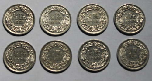 8 Moedas Da Suiça De 1/2 Frcs - Datas Diferentes (Usado)