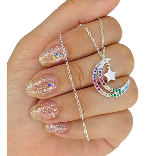 Cadena Espejado Con Dije Luna Y Estrella Multicolor Kit 11 