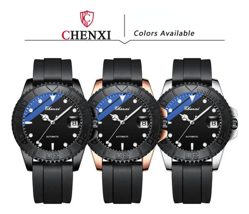 Relojes Chenxi de silicona con calendario mecánico para hombre, bisel plateado