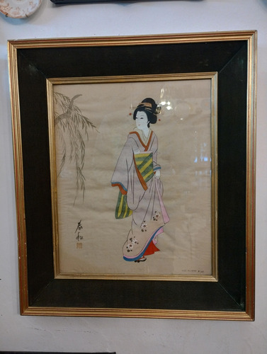 Antigua Pintura Japonesa Geisha Sobre Pepel D Arroz Numerado