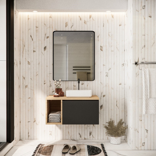 Mueble Vanitory Baño Colgante Melamina Mdf 18mm Moderno Estructura Roble Americano - Puerta Grafito Sin Bacha Sin Agujeros