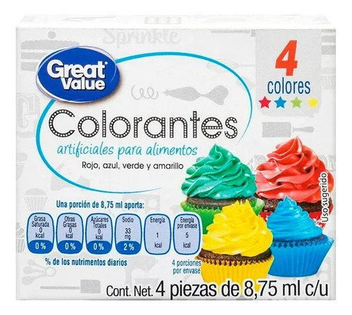 Colorantes Artificiales Great Value Para Alimentos 4 Pzas
