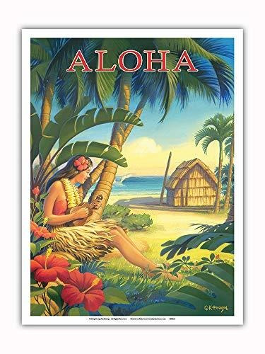 Aloha - Hawaii - Hula Dancer Con Ukelele - Vintage Cartel De