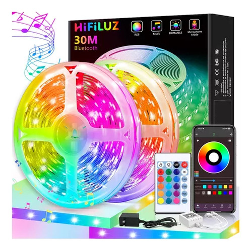 Tiras De Led Bluetooth 30M Hifiluz Luz LED RGB Inteligentes Música de Tira Luces App Control para Cuarto, Tv, Bar, Habitación Gaming, Fiesta, DecoracióN de Interior