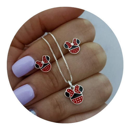 Conjunto Minnie Cadena Dije Y Aros Minnie Mouse Plata 925