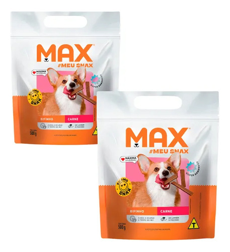 2 Max Snack Bifinho Macio Sabor Carne Para Cães 500g