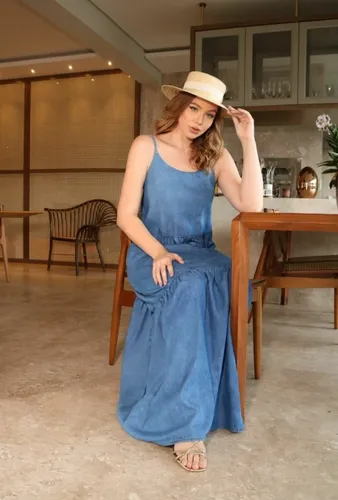 Vestido Longo Jeans De Al a Soltinho Elastico Na Cintura R 159