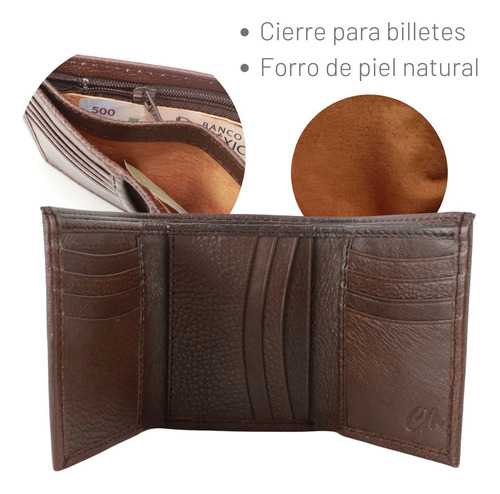 Cartera Triple Premium Hombre Cierre Interno Piel Genuina Chocolate