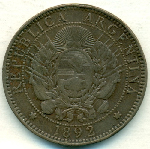 Argentina Moneda De Cobre Dos Centavos De Patacón 1892 Mb+