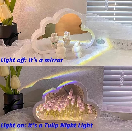 Luz Lámpara Noche Flor Tulipanes Nube Con Espejo Romántica