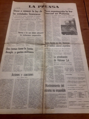 Tapa Diario La Prensa 26 01 1982 Beagle Hidronor Ley Financi