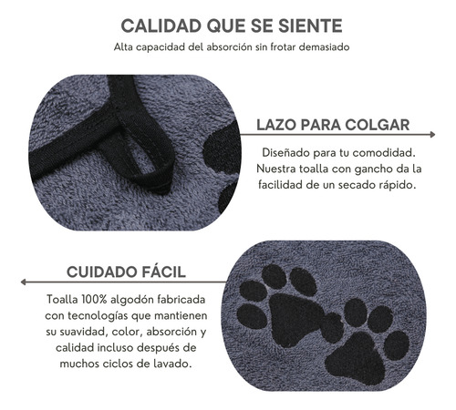 2 Toallas Para Perro 96x45cm 100% Algodón Absorbente Suave Grafito Huella