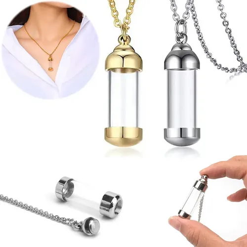 Ciondolo Ricordo In Vetro E Acciaio Inox Per Ceneri &ndash; Urna Collana A Fiala Tubo Cremazione