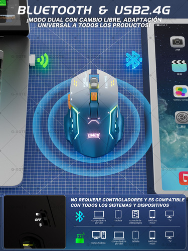 Mouse Gamer Rgb Inalámbrico Bluetooth G-xqte Dual Mode Bt & usb 2.4g Color Azul GM28ProMax