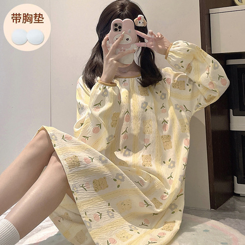 Camisón Casual De Manga Larga Con Cuello Redondo Para Mujer