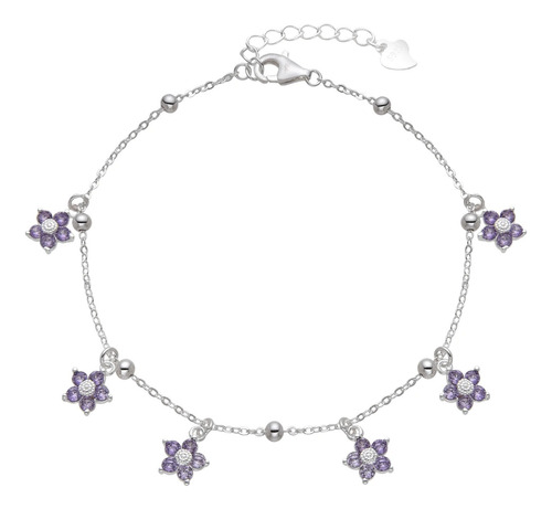 Pulsera Flores Piedritas Plata 925 Mujer Regalo Violeta 53.34 Cm