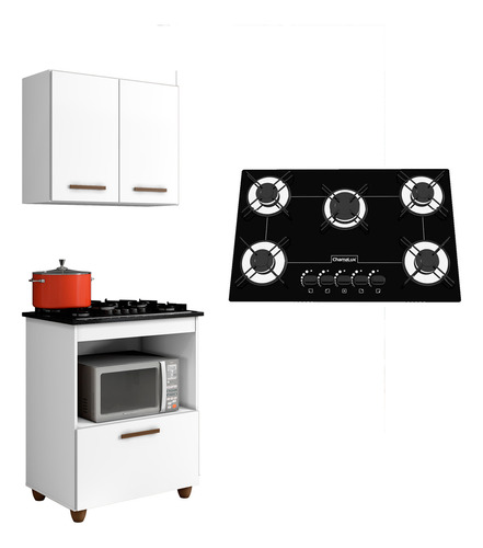 Kaiki Móveis kit balcão cooktop e fogão 5 bocas chamalux mais armario aereo cor branco