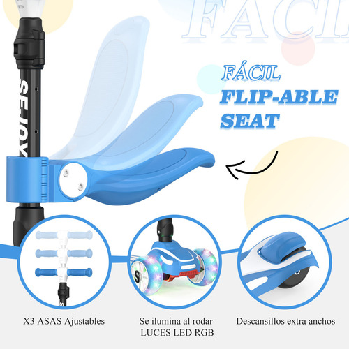 Sejoy BALBI-008 Scooter Plegable Con Asiento Ideal Patín Del Para Niños Con 3 Ruedas Y Led Luces Color Azul