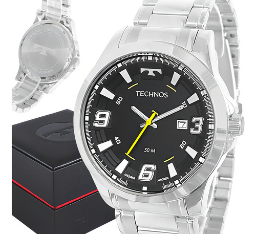 Relógio Technos Masculino Prata Top Prova Dágua Pulseira Aço Inoxidável
