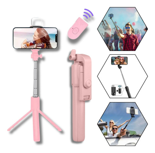 Tripé Celular Bastão Selfie Bluetooth Com Controle Magic Led Cor Rosa