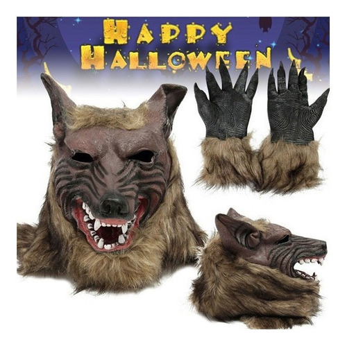 Disfraz De Máscara Y Guantes De Cabeza De Lobo De Halloween