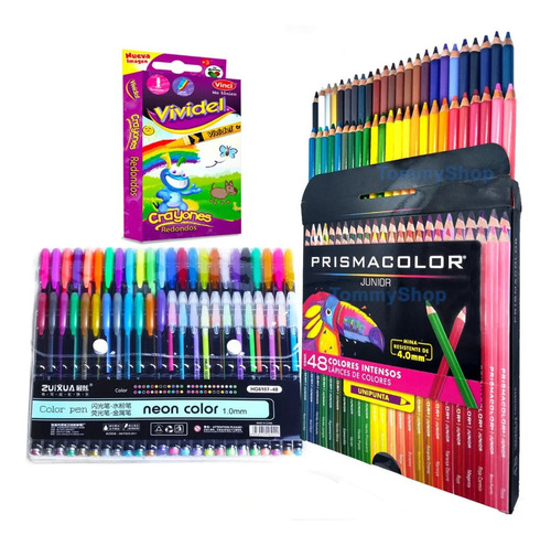 Kir De Dibujo 48 Plumas De Gel + Caja Con 48 Colores Prismacolor Junior Originales + Caja Crayolas Con 20 Surtidos