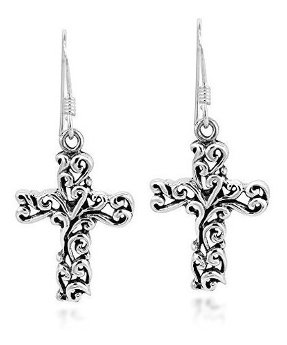 Detailed Filigree Swirl Cross.925 Sterling Silver Dangle Ear