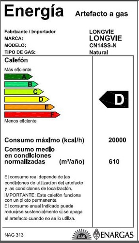 Imagen 2 de 2 de Calefón Longvie Tiro Natural 14 Litros Cn14ss Gn