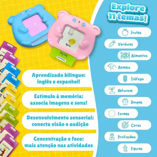 Brinquedo de Aprendizado Interativo Infantil com Cartões Educativos Tradutor Bilíngue em Português Inglês Ideal para Desenvolver Linguagem e Habilidades Cognitivas