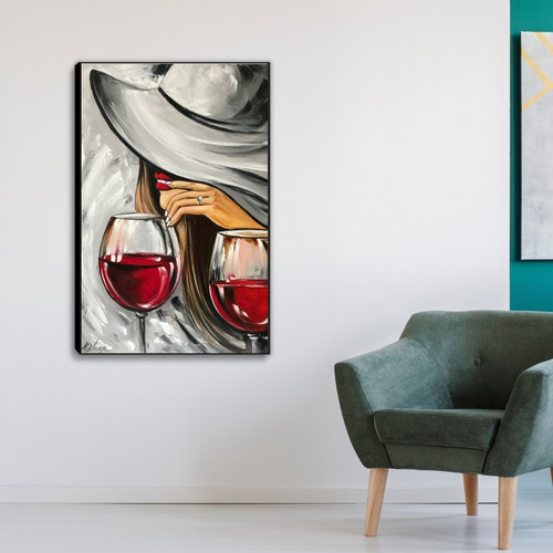 Cuadro Decorativo De Mujer Con Vino Tinto. (56x86 Cm)