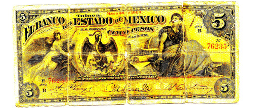 Billete De Revolucion 5 Pesos Del Edo Mex Cinta En Reverso