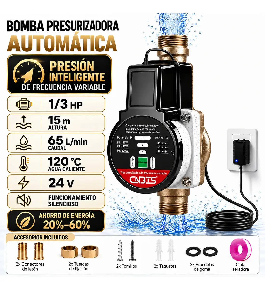 Bomba Presurizadora Automática 1/3 HP Silenciosa 15m 220w 65l/min con 3 Velocidades para Ducha y Agua Caliente