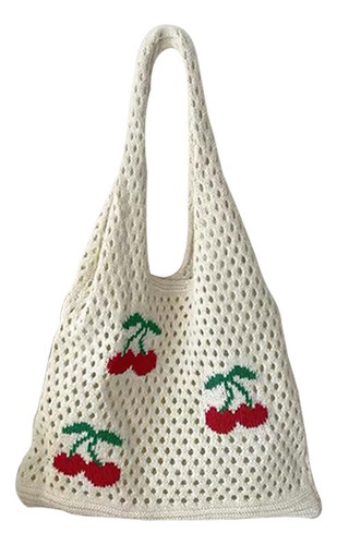 Bolsa Tote Tejida Crochet Calada Patrón De Fresas 63cmx34cm Crema Cereza Ninguno Crema