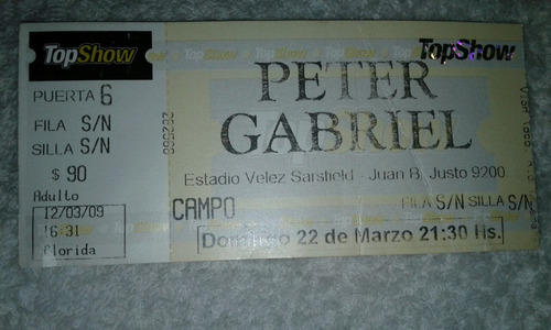 Entrada De Colección Peter Gabriel Estadio Velez 2009