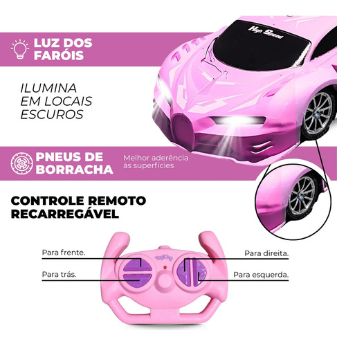 Carrinho De Controle Remoto Drift Brinquedo Corrida Veloz Com Luz Recarregavel Rosa Menina Kizumba