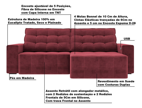 Sofá Retrátil Com Usb 254cm Elliot Suede Bordô - Gran Belo