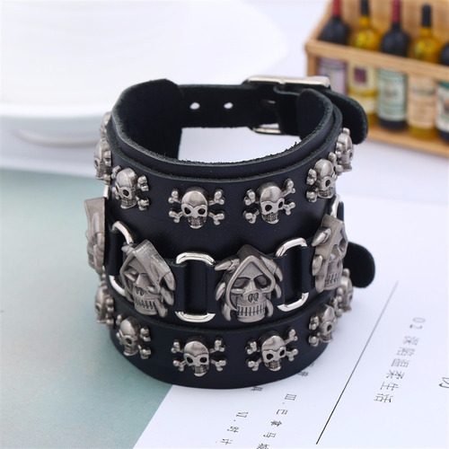 Pulsera Punk Ancha De Cuero Pulsera Calavera,b