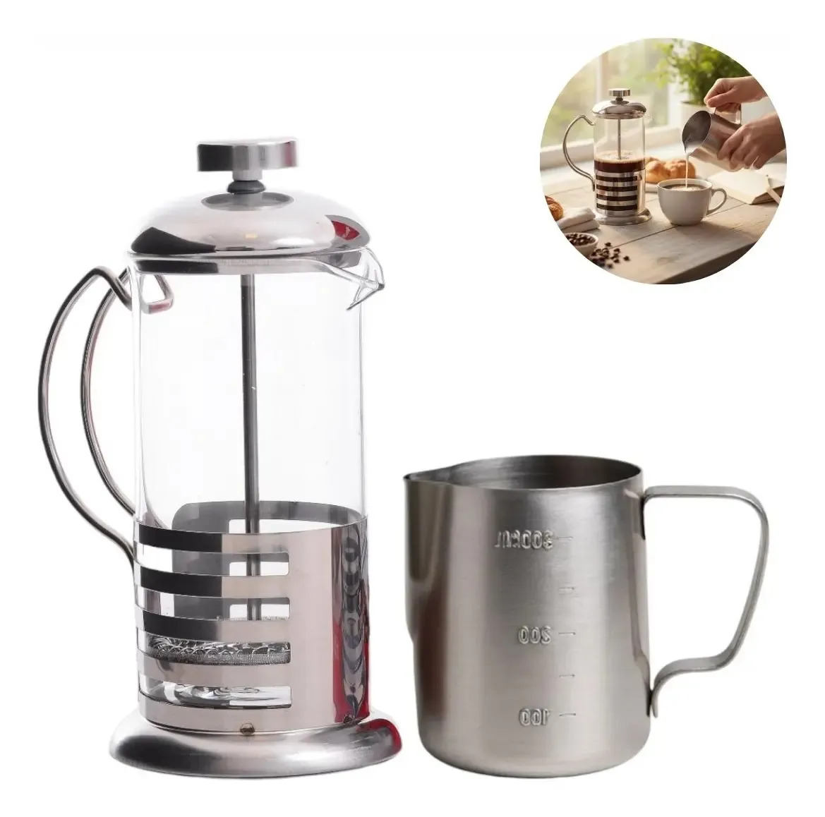 Kit Cafeteira Francesa De Inox 600ml + Leiteira Barista Inox Kit